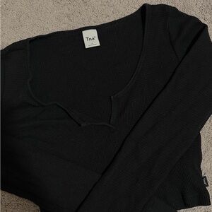 TNA Black Waffle-Knit Notch-Neck Long Sleeve Top